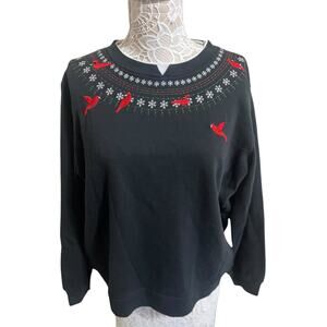 Black Holiday Sweatshirt w/ Red Birds+Snowflakes, Grandmacore  Women’s XL- EUC